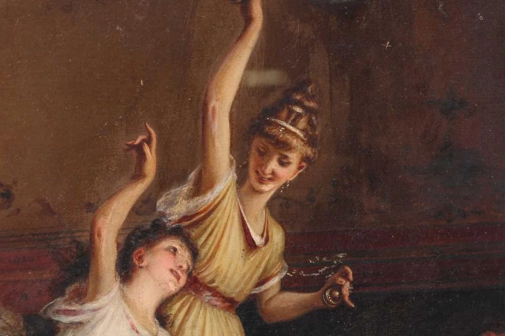 Scena di famiglia in un interno, due bambini che ballano davanti alla madre - dettaglio